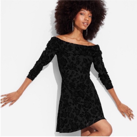 wild fable Dresses & Skirts - Wild Fable Black Flocked Off-Shoulder Fit and Flare Long Sheer Sleeve Mini Dress